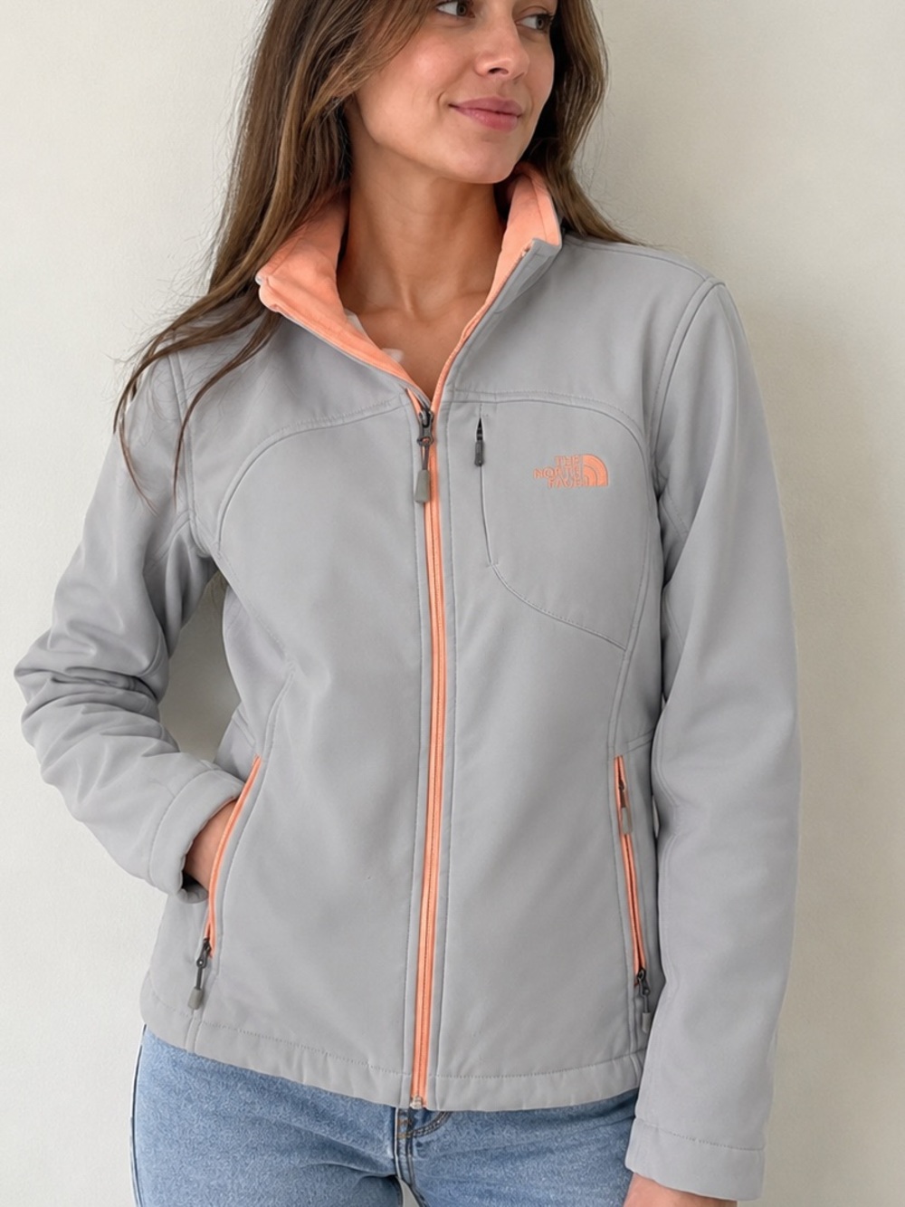 The North Face Women’s Gray Softshell Jacket Orange Fleece Lined Full tZip Size